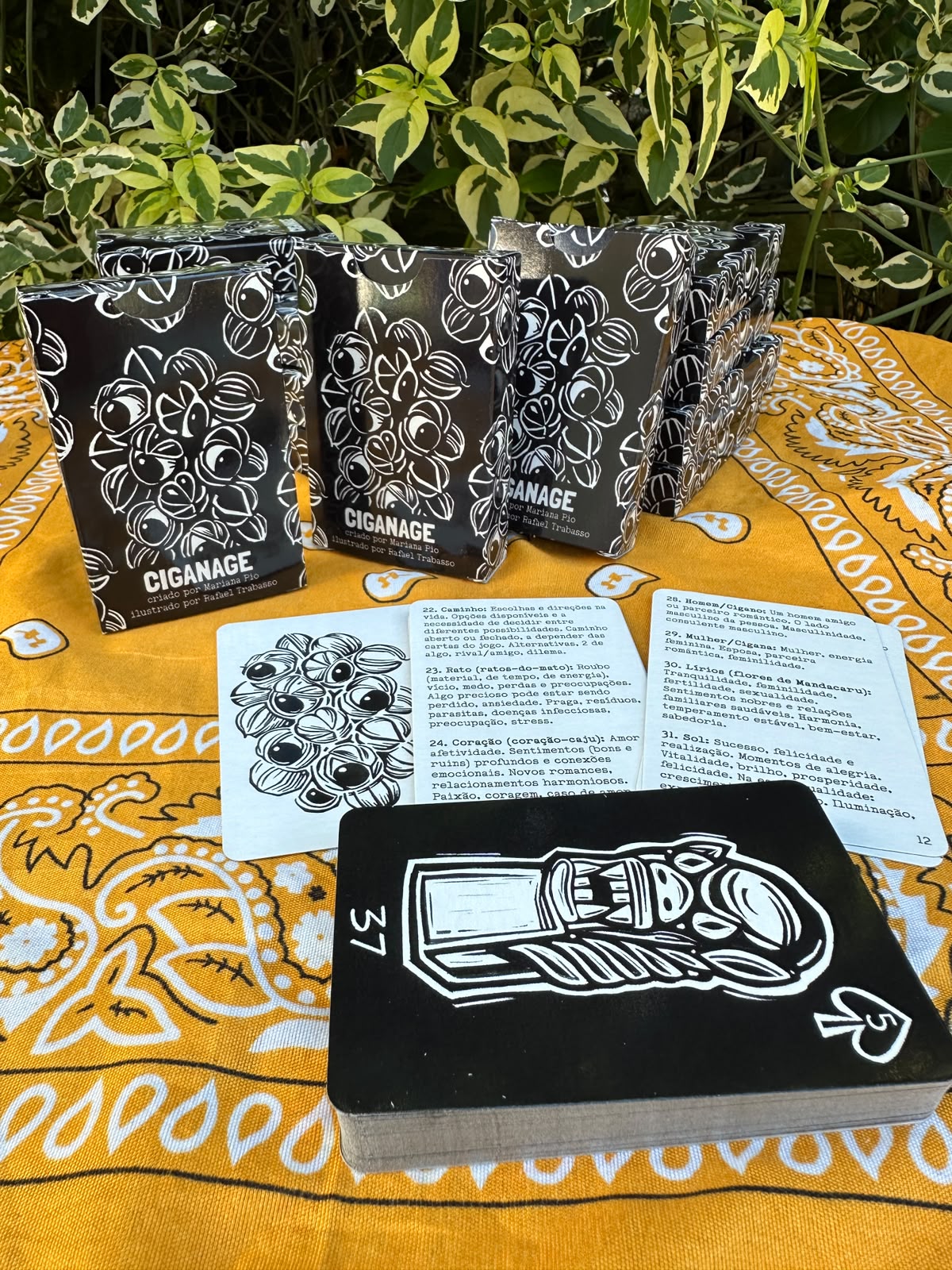 Cartas de significado e baralho Ciganage com caixas ao fundo